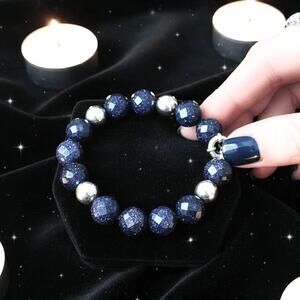 Blue Goldstone Bead Bracelet 7” | Sparkle Gemstone Silver Accent Bracelet
